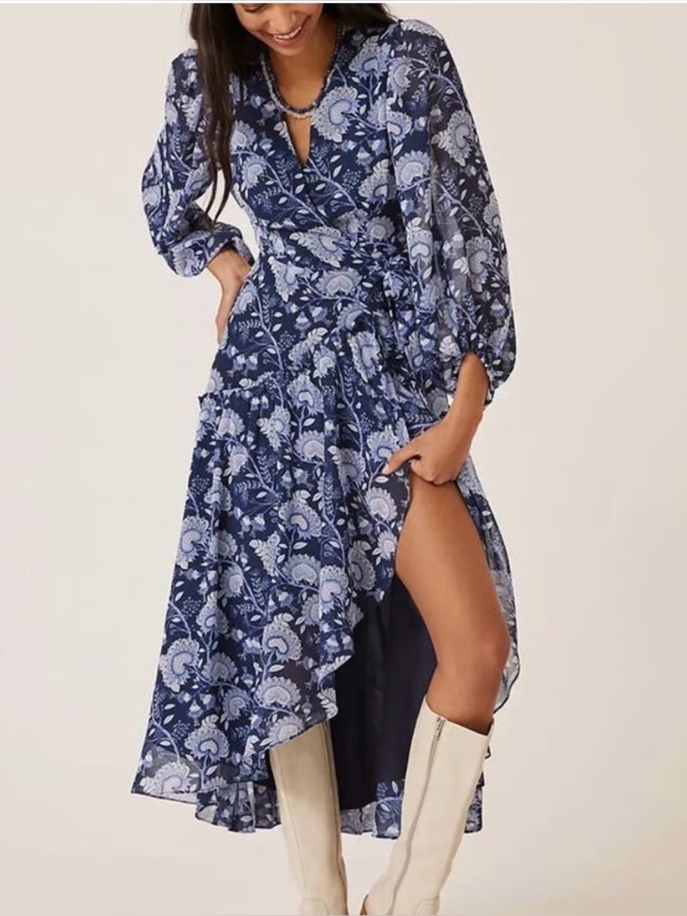 Anthropologie Hutch Navy Floral Wrap Midi Dress Small Fall Wedding Guest Boho